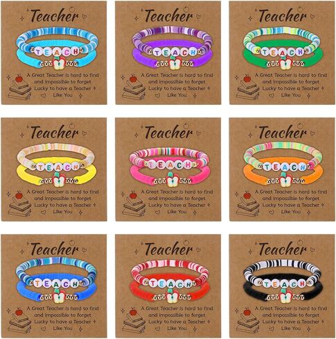 Teacher Appreciation Gifts - 18 Pcs Teacher Bracelets for Women Men, Polymer Clay Apple Beads Charm Elastic Bracelet Jewelry with Cards for Teachers in Saudi Arabia