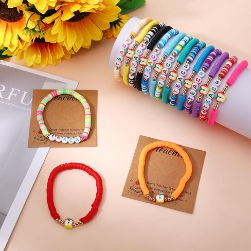 Teacher Appreciation Gifts - 18 Pcs Teacher Bracelets for Women Men, Polymer Clay Apple Beads Charm Elastic Bracelet Jewelry with Cards for Teachers in Saudi Arabia
