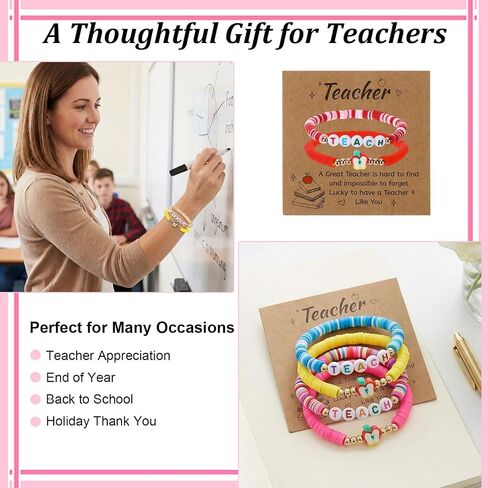 Teacher Appreciation Gifts - 18 Pcs Teacher Bracelets for Women Men, Polymer Clay Apple Beads Charm Elastic Bracelet Jewelry with Cards for Teachers in Saudi Arabia