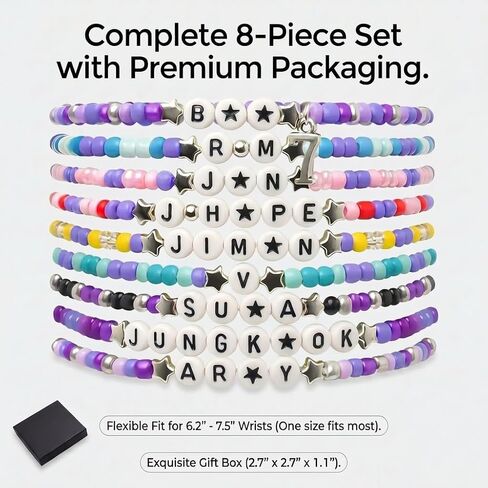 9Pcs Korea Pop Merchandise Inspired Stretch Bracelets Set with Letter Beads, Music Fan Jewelry Stack for Women Teen Girls with Black Gift Box in Saudi Arabia