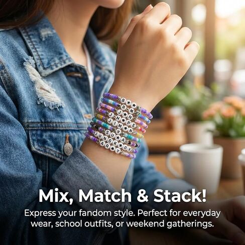 9Pcs Korea Pop Merchandise Inspired Stretch Bracelets Set with Letter Beads, Music Fan Jewelry Stack for Women Teen Girls with Black Gift Box in Saudi Arabia