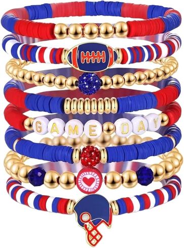Football Game Day Bracelet Set for Women Girls, Red White Blue Stretch Beaded Bracelets Stack, Sports Team Spirit Clay Bead Jewelry for Football Dad Coach Fans Gifts in Saudi Arabia