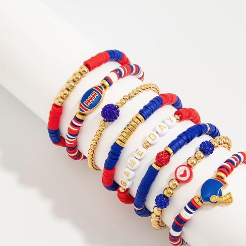 Football Game Day Bracelet Set for Women Girls, Red White Blue Stretch Beaded Bracelets Stack, Sports Team Spirit Clay Bead Jewelry for Football Dad Coach Fans Gifts in Saudi Arabia