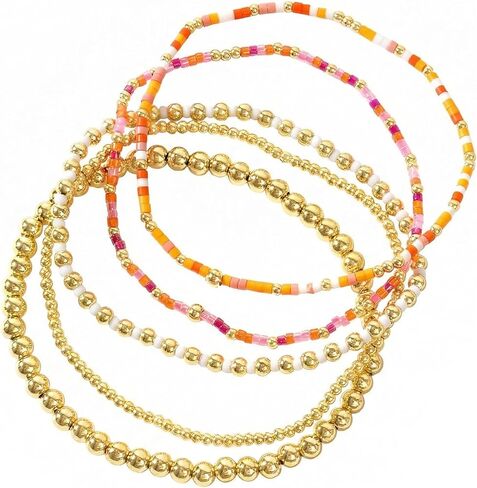 Gold Beaded Colorful Bracelet Stack for Women,Handamde Bohemian Stretch Seed Beads Stackable Bracelets Fashion Holiday Party Accessories Jewelry Gift Friendship in Kuwait