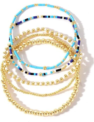 Gold Beaded Colorful Bracelet Stack for Women,Handamde Bohemian Stretch Seed Beads Stackable Bracelets Fashion Holiday Party Accessories Jewelry Gift Friendship in Kuwait