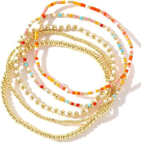 Gold Beaded Colorful Bracelet Stack for Women,Handamde Bohemian Stretch Seed Beads Stackable Bracelets Fashion Holiday Party Accessories Jewelry Gift Friendship in Kuwait