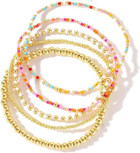 Gold Beaded Colorful Bracelet Stack for Women,Handamde Bohemian Stretch Seed Beads Stackable Bracelets Fashion Holiday Party Accessories Jewelry Gift Friendship in Kuwait