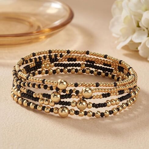 Dainty Gold Beaded Stackable Bracelets for Women, Handmade Beaded Multilayer Stretch Boho Stack Bracelets Fashion Jewelry Accessories for Friendship in Kuwait