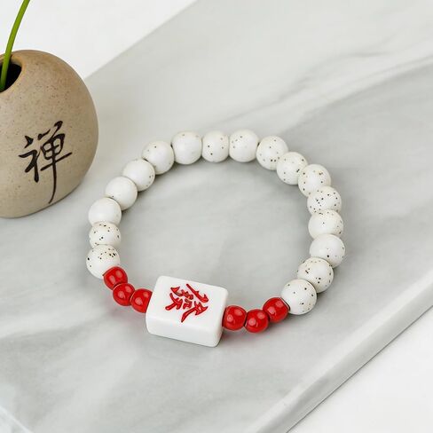 Mahjong Bracelet for Women Men, Ceramics Beaded Luck Wealth Fa Charm Stretchy Mah Jong Lover Player Gifts in Saudi Arabia
