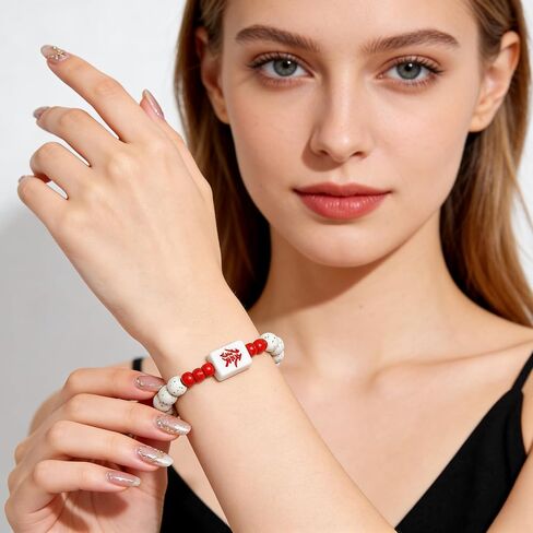 Mahjong Bracelet for Women Men, Ceramics Beaded Luck Wealth Fa Charm Stretchy Mah Jong Lover Player Gifts in Saudi Arabia