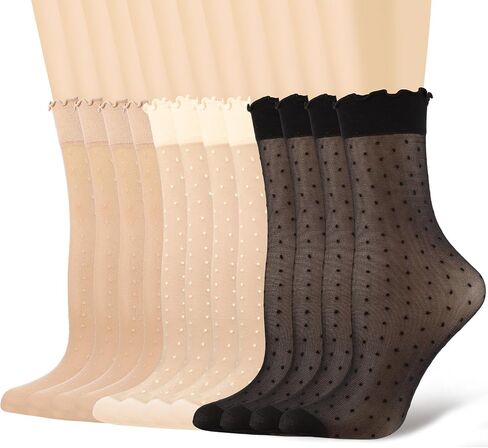 12 Pairs Women's Ruffle Sheer Socks, Ultra Thin See Through Mesh Ankle Socks with Polka Dot, Non-Slip Summer Cool Nylon Socks for US 5-9 in Saudi Arabia