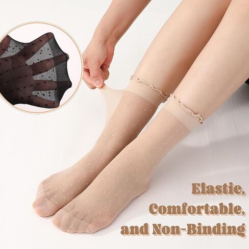 12 Pairs Women's Ruffle Sheer Socks, Ultra Thin See Through Mesh Ankle Socks with Polka Dot, Non-Slip Summer Cool Nylon Socks for US 5-9 in Saudi Arabia