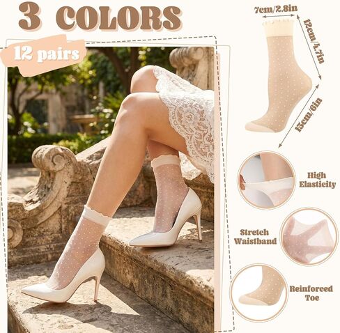 12 Pairs Women's Ruffle Sheer Socks, Ultra Thin See Through Mesh Ankle Socks with Polka Dot, Non-Slip Summer Cool Nylon Socks for US 5-9 in Saudi Arabia