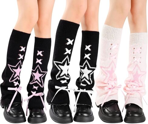3 Pairs Star Lace Up Flared Leg Warmers for Women Kawaii Leg Warmer Japanese Socks Goth Emo Gyaru Accessories in Kuwait