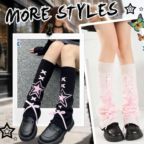 3 Pairs Star Lace Up Flared Leg Warmers for Women Kawaii Leg Warmer Japanese Socks Goth Emo Gyaru Accessories in Kuwait