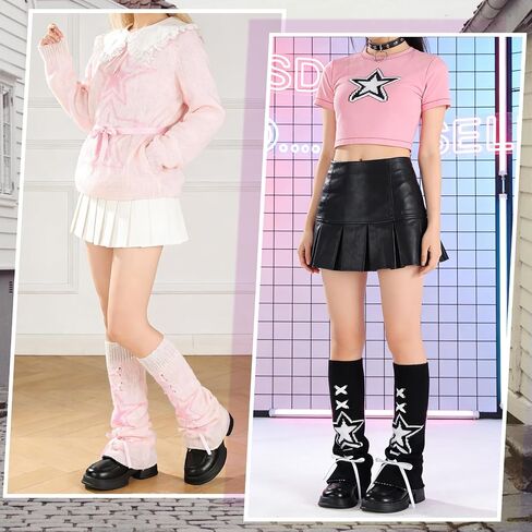 3 Pairs Star Lace Up Flared Leg Warmers for Women Kawaii Leg Warmer Japanese Socks Goth Emo Gyaru Accessories in Kuwait