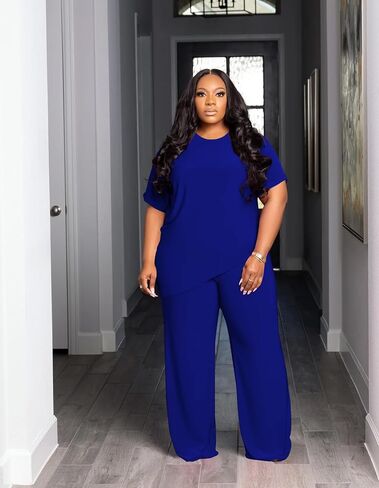 Tycorwd Women's Plus Size Two Piece Outfits Sweatsuits Sets Casual Short Sleeve Tops Loose Wide Leg Pants Tracksuit Sets in Saudi Arabia