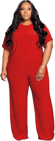 Tycorwd Women's Plus Size Two Piece Outfits Sweatsuits Sets Casual Short Sleeve Tops Loose Wide Leg Pants Tracksuit Sets in Saudi Arabia