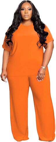 Tycorwd Women's Plus Size Two Piece Outfits Sweatsuits Sets Casual Short Sleeve Tops Loose Wide Leg Pants Tracksuit Sets in Saudi Arabia