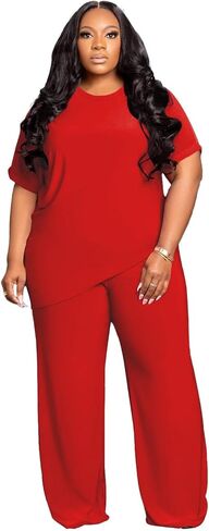 Tycorwd Women's Plus Size Two Piece Outfits Sweatsuits Sets Casual Short Sleeve Tops Loose Wide Leg Pants Tracksuit Sets in Saudi Arabia