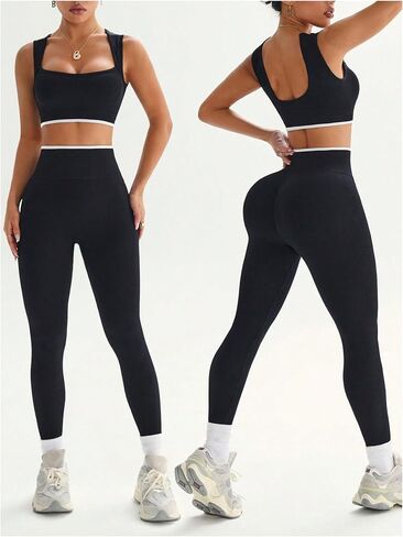 Milumia Women's 2 Piece Workout Set Sports Bra Leggings Set Black Medium | Color block cropped tank top and high waisted leggings pants, yoga gym sports activewear set in Kuwait