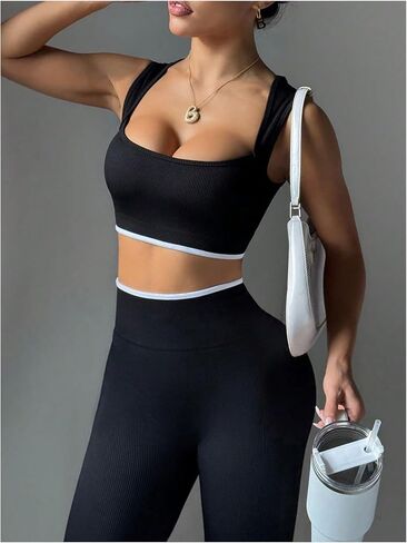 Milumia Women's 2 Piece Workout Set Sports Bra Leggings Set Black Medium | Color block cropped tank top and high waisted leggings pants, yoga gym sports activewear set in Kuwait