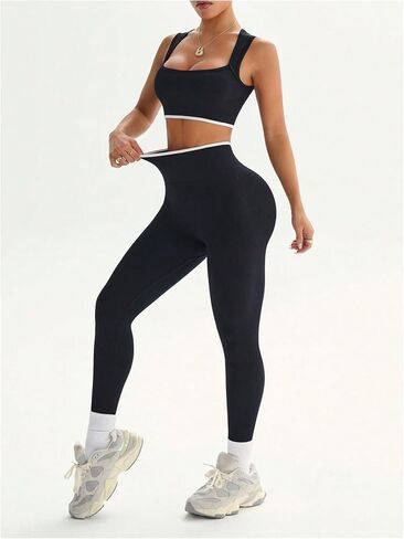 Milumia Women's 2 Piece Workout Set Sports Bra Leggings Set Black Medium | Color block cropped tank top and high waisted leggings pants, yoga gym sports activewear set in Kuwait