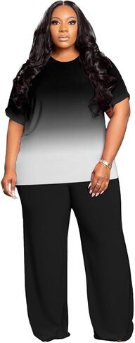 Tycorwd Women's Plus Size Two Piece Outfits Sweatsuits Sets Casual Short Sleeve Tops Loose Wide Leg Pants Tracksuit Sets in Saudi Arabia