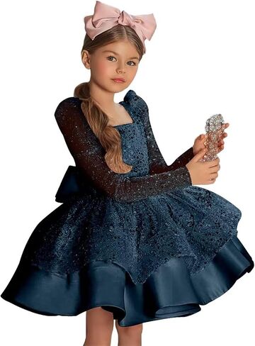 Sequin Flower Girl Dresses Puffy Layers Birthday Party Dress with Bow Beautiful Princess Party Gown in Saudi Arabia