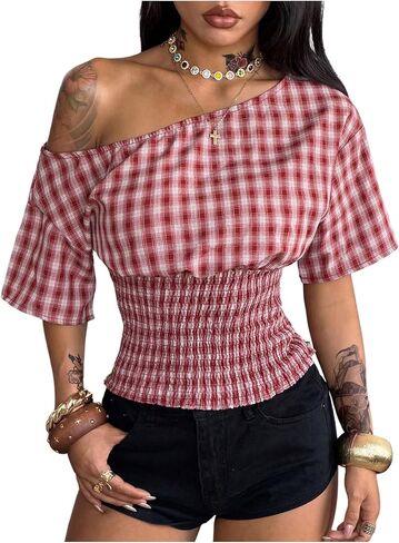 Floerns Women's Y2k Gingham Off The Shoulder Tops Summer Short Sleeve Shirred Going Out T Shirts in Kuwait