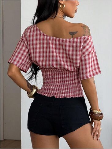Floerns Women's Y2k Gingham Off The Shoulder Tops Summer Short Sleeve Shirred Going Out T Shirts in Kuwait