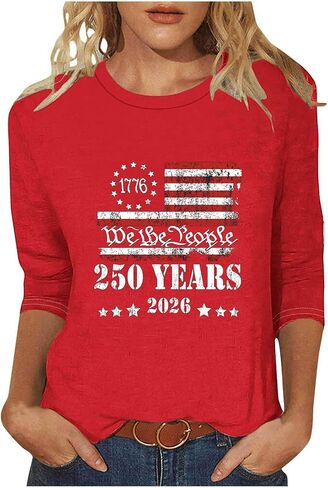250 Anniversary USA Shirt Women Crew Neck 3/4 Length Sleeve Tops Casual Patriotic T Shirts 1776-2026 in Kuwait