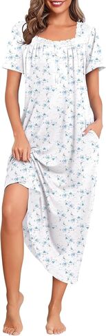 Ekouaer Long Nightgowns for Women Soft Ladies Sleepwear Gowns Short Sleeve Nightdress Button House Dress with Pockets in Kuwait