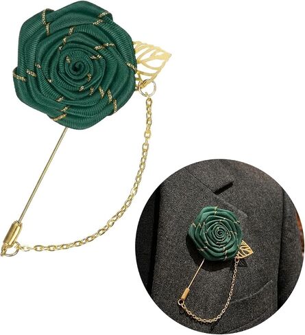 Rose Brooch Pin Cloth Rose Flower with Gold Leaf Brooch, Lapel Pin for Men Wedding Accessories/Suit Tuxedo Corsage in Saudi Arabia