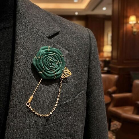 Rose Brooch Pin Cloth Rose Flower with Gold Leaf Brooch, Lapel Pin for Men Wedding Accessories/Suit Tuxedo Corsage in Saudi Arabia