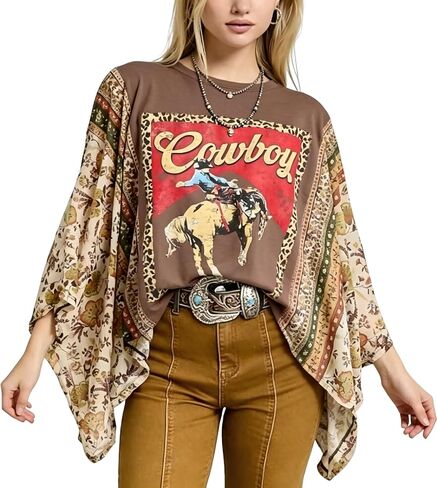 Pinclodly Graphic Tees for Women Boho 3/4 Dolman Sleeve Tops Floral Print Ponchos Crewneck Batwing Tops Loose Western Shirts in Saudi Arabia