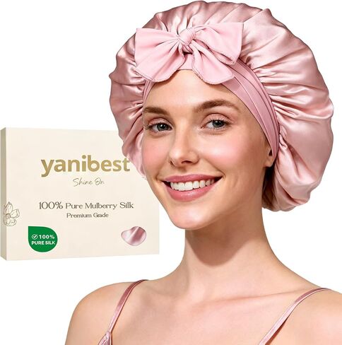 Yanibest 22 Momme 100 ٪ Mulberry Silk Bonnet للنساء نوم طبقة نوم ذات طبقة مزدوجة مع شريط التعادل ، غطاء النوم in Kuwait