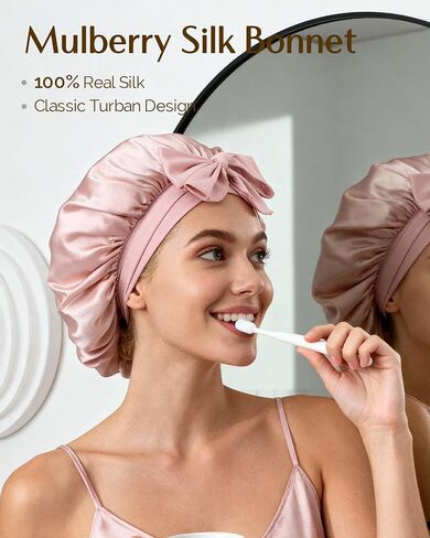Yanibest 22 Momme 100 ٪ Mulberry Silk Bonnet للنساء نوم طبقة نوم ذات طبقة مزدوجة مع شريط التعادل ، غطاء النوم in Kuwait