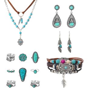 Western Jewelry Set for Women Bohemian Turquoise Layered Pendant Necklace Vintage Western Boho Turquoise Earring Leather Bracelet Ring Set Country Cowgirl Accessories Jewelry in Saudi Arabia