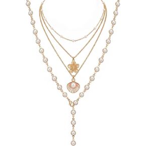 Layered Beach Necklace for Women - 4 Pcs Y Long Gold Chain Shell Necklace Stack with Pearl Hibiscus Flower Pendants for Summer Jewelry Beachy Accessories in Saudi Arabia