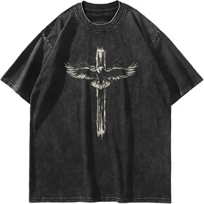 Men's Washed Cotton T-Shirt, Retro Acid Washed T-Shirt, Loose-Fitting Top with Christian Cross and Angel Pattern in Saudi Arabia