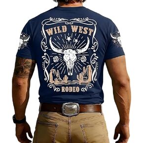 Men's Shirt Wild West Rodeo Western Bull Skull Graphic Short Sleeve Tee Retro Cowboy Desert Landscape Casual Top in Kuwait