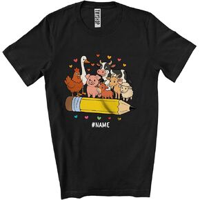 Personalized Farm Animal Group Collection On Pencil; Lovely Back to School Custom Name Student Teacher Unisex T-Shirt Black in Saudi Arabia