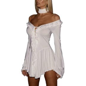 PDLCVD Women Ruffle Lace Up Mini Dress Sexy Off Shoulder V Neck Long Sleeve Flowy Bodycon Clubwear Party Short Dresses in Saudi Arabia