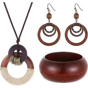 4 Pcs Boho Wooden Jewelery Set Vintage Multilayer Pendant Adjustable Sweater Necklace Brown Circle Earrings Chunky Wooden Bracelet for Women Men in Kuwait