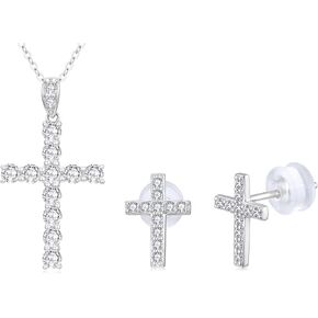 SISGEM 14k White Gold Lab Grow Dimaond Cross Necklace and Earrings for Women, Confirmation Jewelry Set for Her in Saudi Arabia