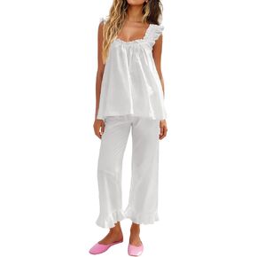 KFUBUO Womens Pajamas Set 2 Piece Ruffle Pj Soft Tank Top and Long Pants Lounge Set with Pockets Women Loungewear Set in Saudi Arabia