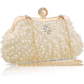Womens Pearl Evening Clutch Purse - Elegant Handmde Beaded Designer Beige HandBag for Wedding Bridal Party Formal,Elegant Rhinestone Crossbody Shoulder Bag Gift for Lady in Saudi Arabia