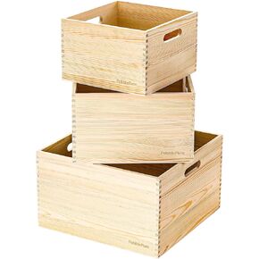 Set of 3 Large Wood Storage Crates (Up to 14.5"x14"x10"), Fully Assembled, Seamless Dovetail Unfinished Farmhouse Solid Natural Nesting Wood Crates for Home Office Retail Display in Saudi Arabia
