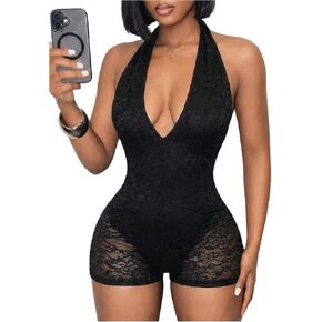 WDIRARA Women's Lace Halter Romper Deep V Neck Backless Bodycon Short Jumpsuit Rave Clubwear in Kuwait
